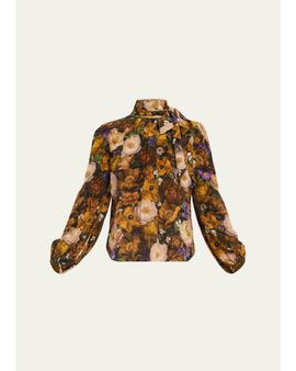 Adam Lippes Joan Floral Silk Neck Scarf Long-Sleeve Top