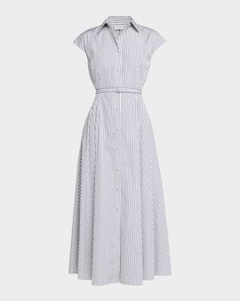 Adam Lippes Palmer Striped Cap-Sleeve Belted Maxi Shirtdress
