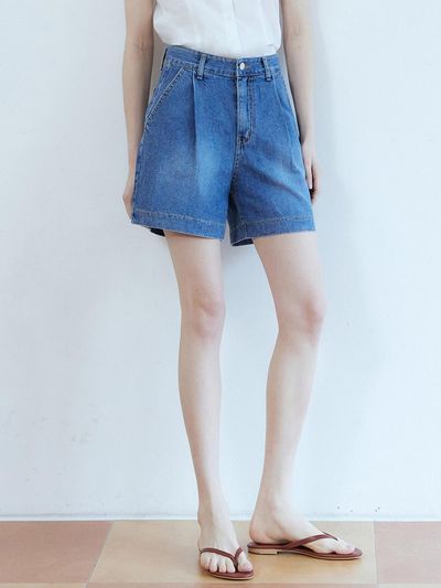 ADAUL Back label point pintuck half pants - blue