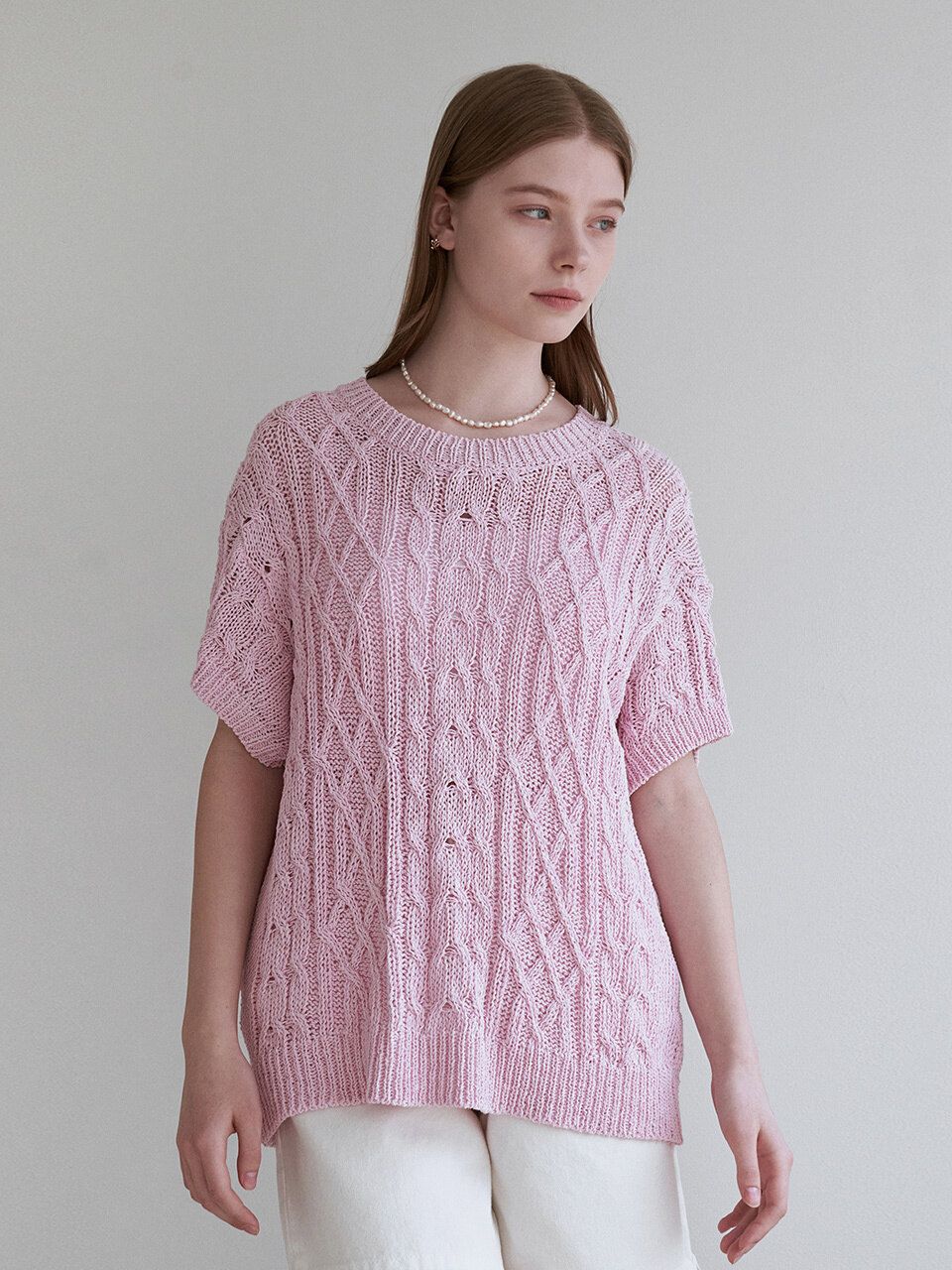 ADAUL Back Point Half Sleeve Knit Top_Pink