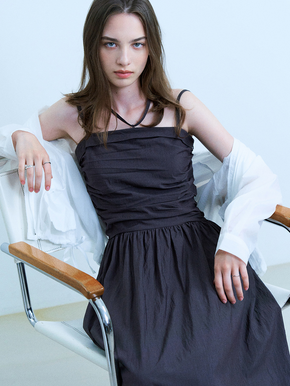 ADAUL Jelli Shirring Chocker Long Dress_Charcoal