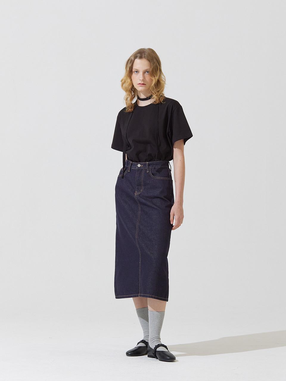 ADAUL Piff embroidery denim long skirt - deep blue