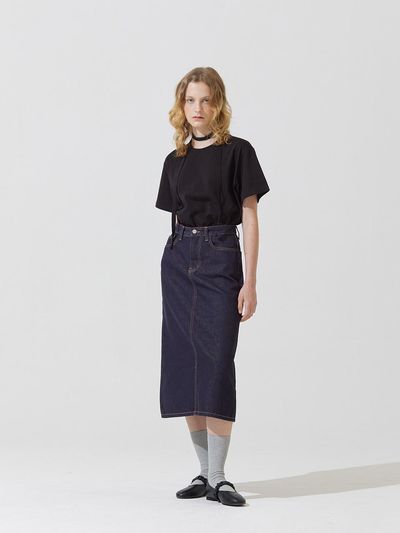ADAUL Piff embroidery denim long skirt - deep blue