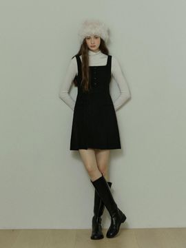 ADAUL Square Neckline Button Pleated Mini Dress [Black]