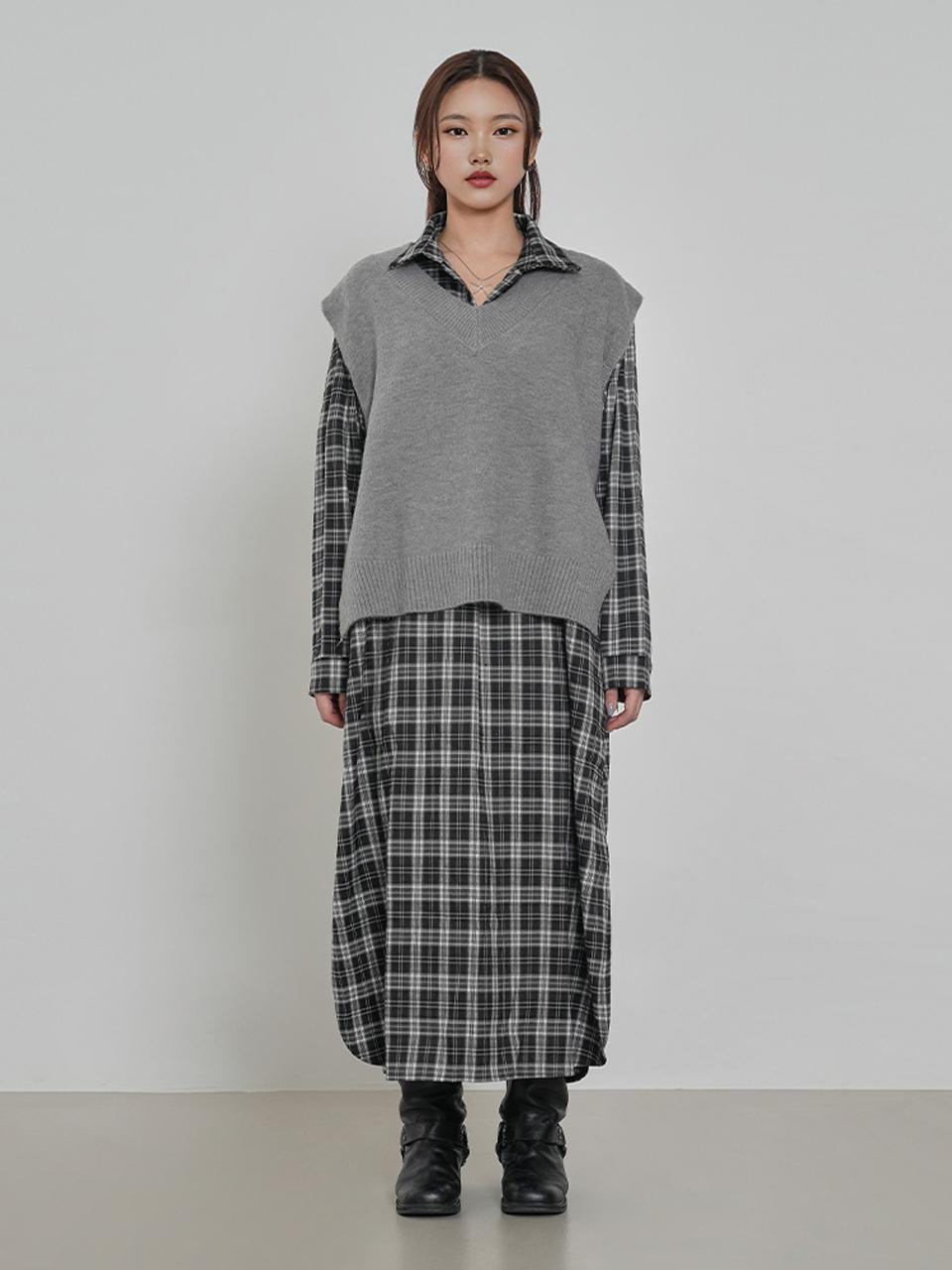 ADHOC Check Collar Button-Up Dress [Black] (HA9OP51)