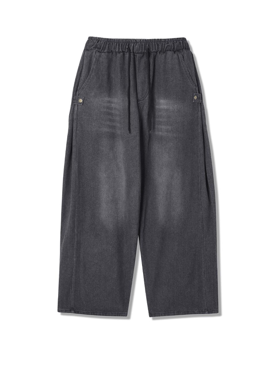 ADHOC Women's Side Pleated Wide Elastic Band Denim Pants (BLACK) (HB2DPA2)