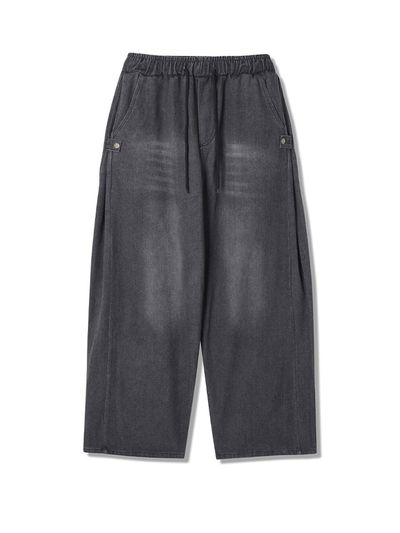 ADHOC Women's Side Pleated Wide Elastic Band Denim Pants (BLACK) (HB2DPA2)