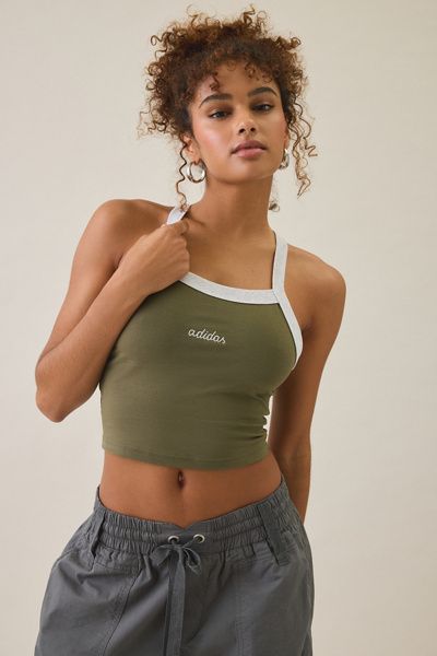 adidas adidas Color Pop Cropped Racerback Tank Top in Khaki, Women's at Urban Outfitters