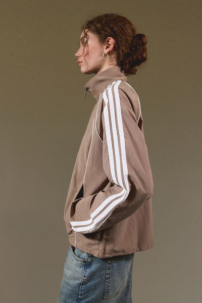 adidas adidas Iconic 3-Stripes Woven Zip-Up Track Jacket in Khaki, Women's at Urban Outfitters