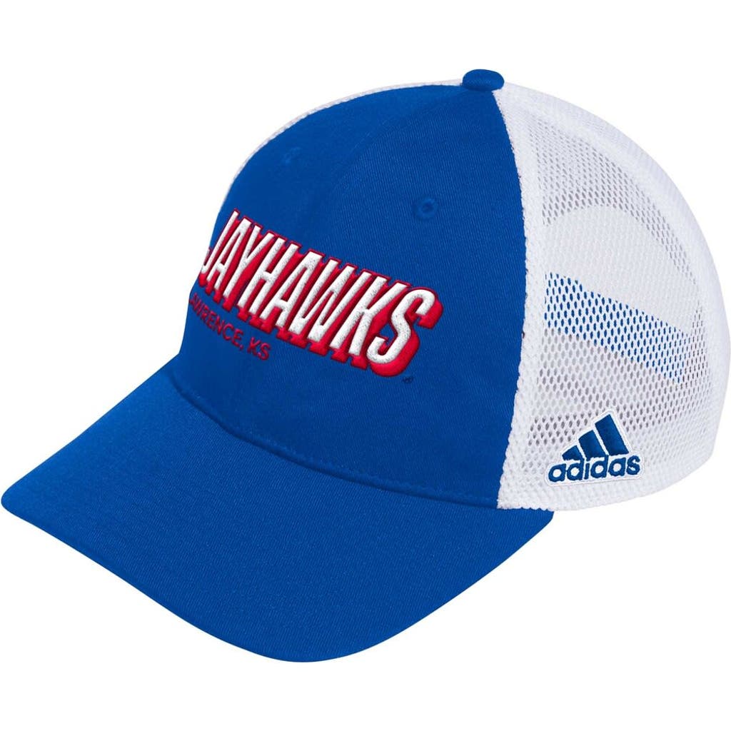 adidas Men's adidas Royal Kansas Jayhawks Mascot Block Letter Slouch Trucker Adjustable Hat 