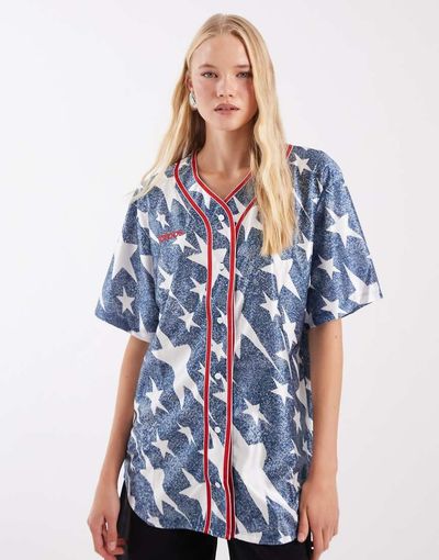 adidas Originals adidas Originals graphic baseball jersey in denim blue