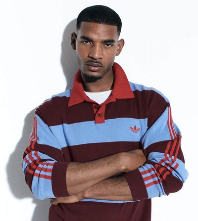 adidas Originals x ASOS adidas Originals x ASOS knit rugby polo shirt in blue and brown stripes