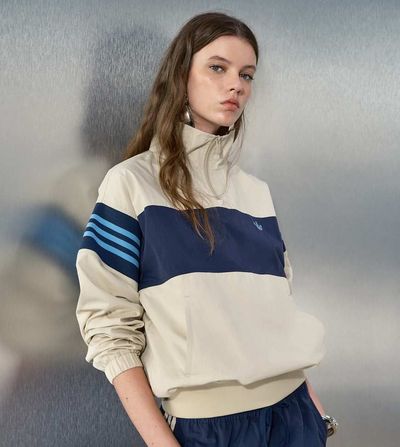 adidas Originals x ASOS adidas Originals x ASOS overhead half zip track jacket in stone and navy color block-NEUTRAL