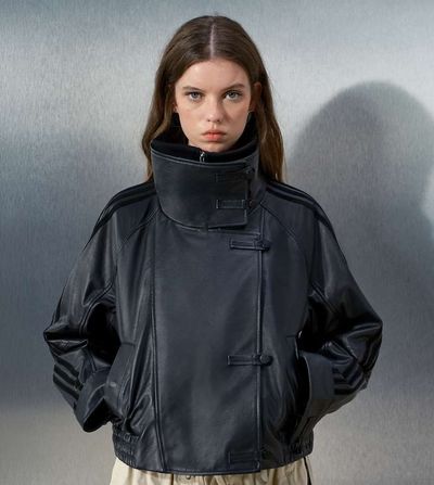 adidas Originals x ASOS adidas Originals x ASOS oversized leather jacket with funnel neck and rib detail in black