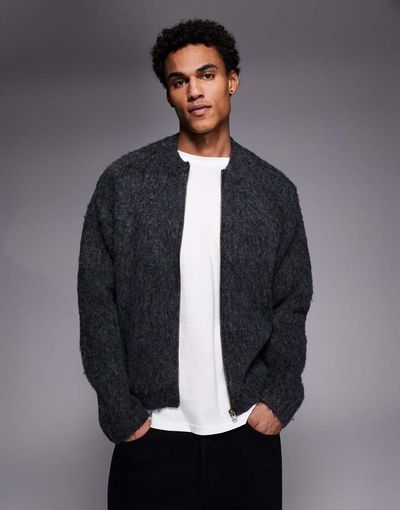 ADPT ADPT fluffy knit cardigan with zip in gray