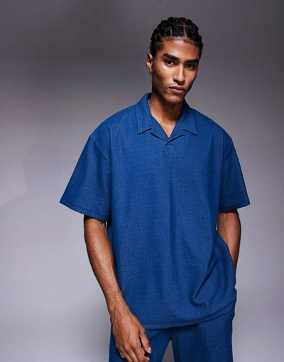 ADPT ADPT split neck texture polo shirt in denim blue