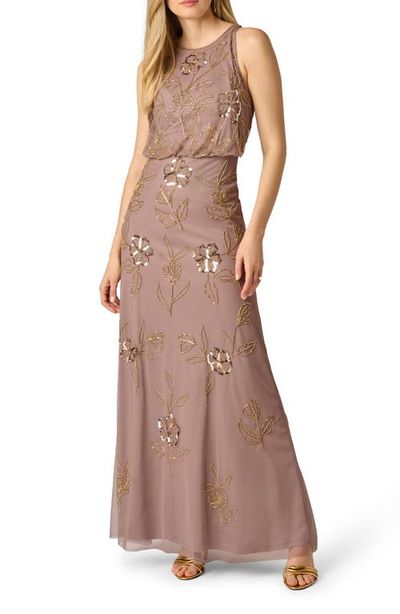 Adrianna Papell Adrianna Papell Beaded Floral Sleeveless Blouson Bodice Gown