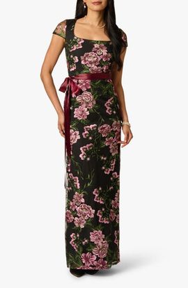 Adrianna Papell Adrianna Papell Embroidered Floral Column Gown with Ribbon Tie Belt