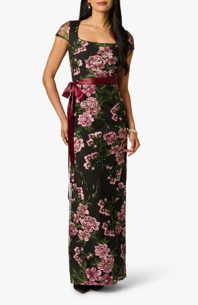 Adrianna Papell Adrianna Papell Embroidered Floral Column Gown with Ribbon Tie Belt