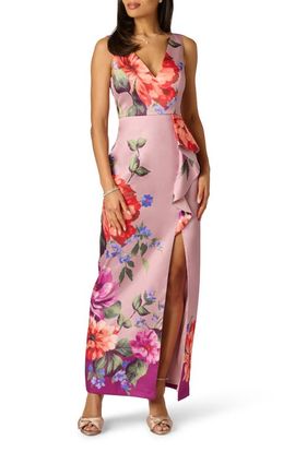 Adrianna Papell Adrianna Papell Floral Waterfall Ruffle Mikado Gown