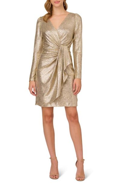 Adrianna Papell Adrianna Papell Metallic Foil Long Sleeve Knit Faux Wrap Dress