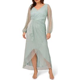 Adrianna Papell Adrianna Papell Metallic Long Sleeve Mesh High-Low Cocktail Dress