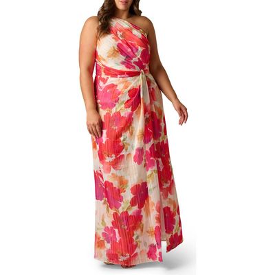 Adrianna Papell Adrianna Papell One-Shoulder Satin & Chiffon Evening Gown