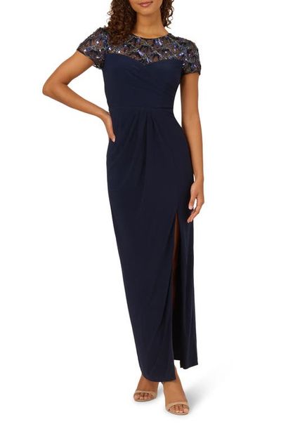 Adrianna Papell Adrianna Papell Sequin & Bead Yoke Jersey Column Gown