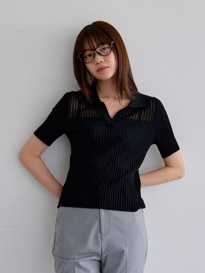 Aei&Rei AR_Pitting v-neck collar top_BLACK