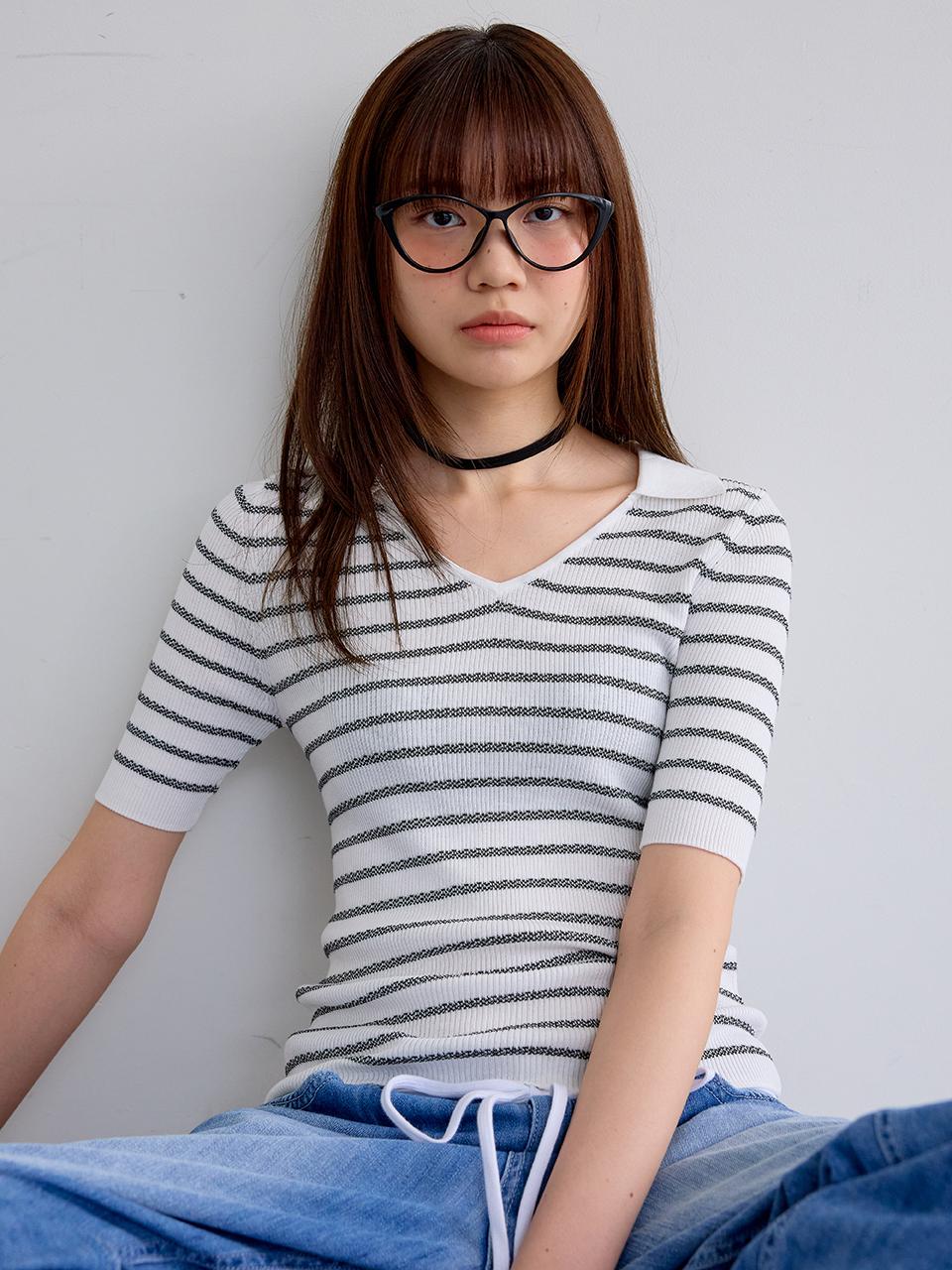 Aei&Rei AR_Striped v-neck collar top