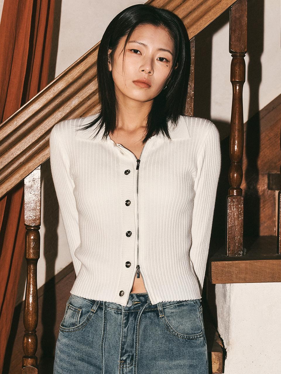 Aei&Rei Steel Button Knit Zip Up Cardigan
