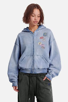 Aelfric Eden Aelfric Eden Badge Boxy Zip Up Hoodie in Blue, Women's at Urban Outfitters