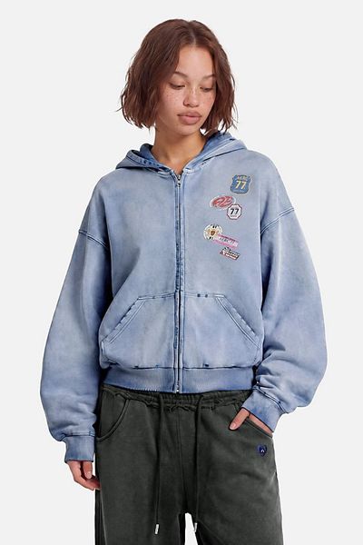 Aelfric Eden Aelfric Eden Badge Boxy Zip Up Hoodie in Blue, Women's at Urban Outfitters