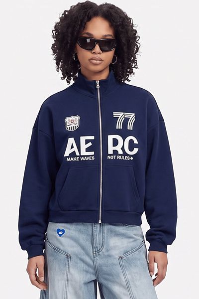 Aelfric Eden Aelfric Eden Boxy Racing 77 Zip Up Sweatshirt in Dark Blue, Women's at Urban Outfitters