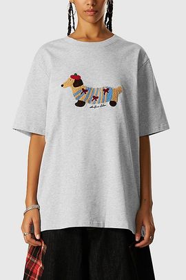 Aelfric Eden Aelfric Eden Cartoon Dog Embroidery Tee in Grey, Women's at Urban Outfitters