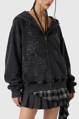Aelfric Eden Aelfric Eden Rhinestone Boxy Zip Up V305 Hoodie in Black, Women's at Urban Outfitters
