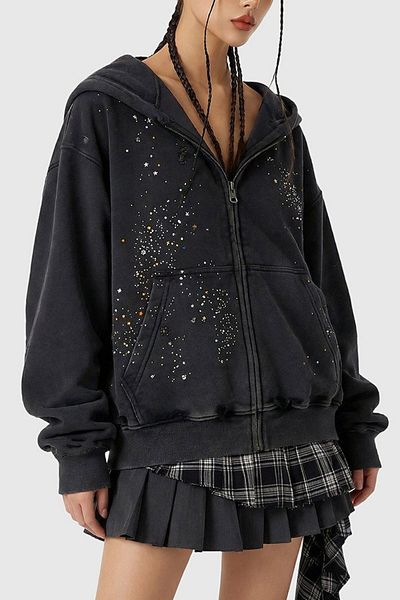 Aelfric Eden Aelfric Eden Rhinestone Boxy Zip Up V305 Hoodie in Black, Women's at Urban Outfitters