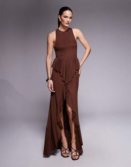 AFRM AFRM Bovina mesh drop hem ruffle maxi dress in cappuccino-Brown