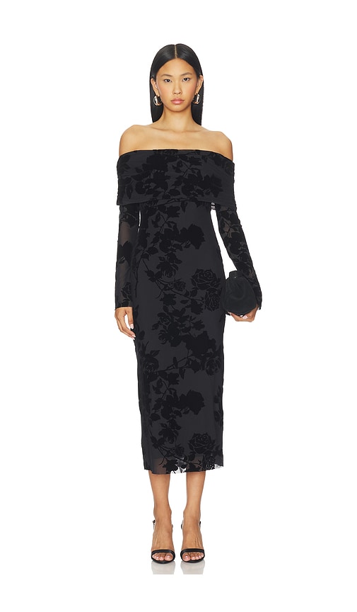 knee length dresses for ladies PANDORA OFF SHOULDER OVERLAY DETAIL RUCHED MESH BODYCON MIDI DRESS main image 0