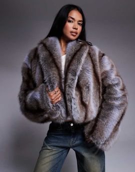 AFRM AFRM cropped faux fur jacket in brown stripe