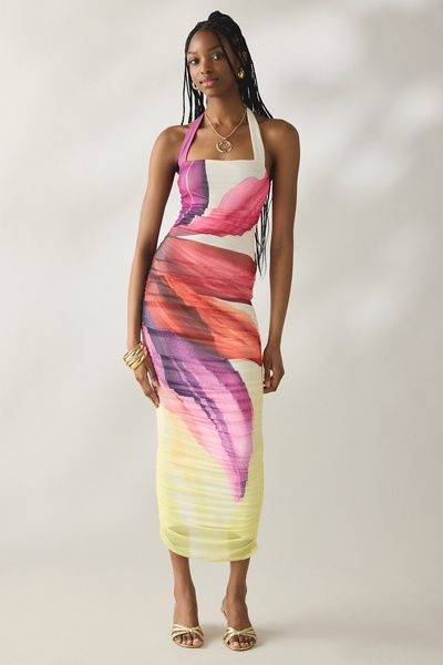 AFRM AFRM Indiana Lemon Lotus Mesh Ruched Bodycon Midi Dress in Lemon Lotus, Women's at Urban Outfitters