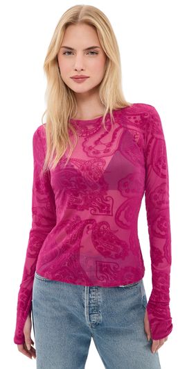 AFRM AFRM Kaylee Flocked Mesh Shirt Fuchsia Paisley