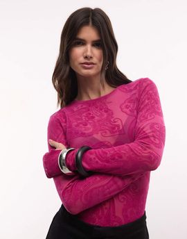 AFRM AFRM Kaylee mesh crew neck long sleeve tee in fuchsia paisley print-pink