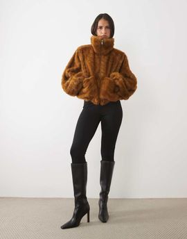 AFRM AFRM Kyoto chevron faux fur funnel neck bubble hem bomber in brown