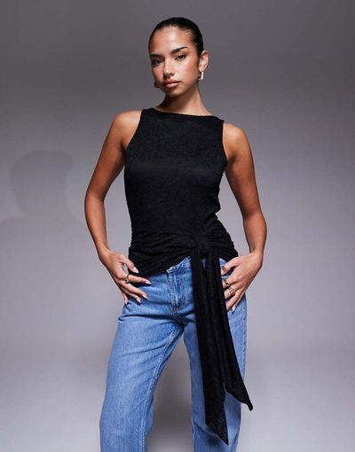 AFRM AFRM lace sleeveless knotted drape detail open back top in black