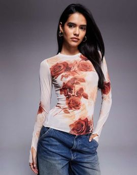 AFRM AFRM mesh long sleeve top in beige rose print-pink
