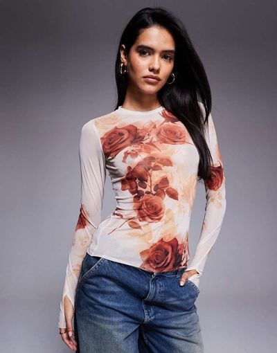 AFRM AFRM mesh long sleeve top in beige rose print-pink