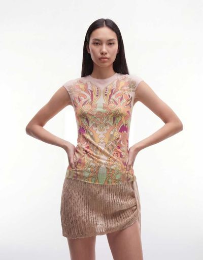 AFRM AFRM Nina printed mesh cap sleeve crewneck tee in pink vintage swirl-Multi