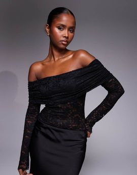 AFRM AFRM off the shoulder long sleeve lace bodysuit in black