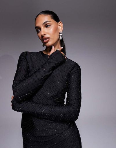 AFRM AFRM rhinestone long sleeve thumbhole detail top in black - part of a set